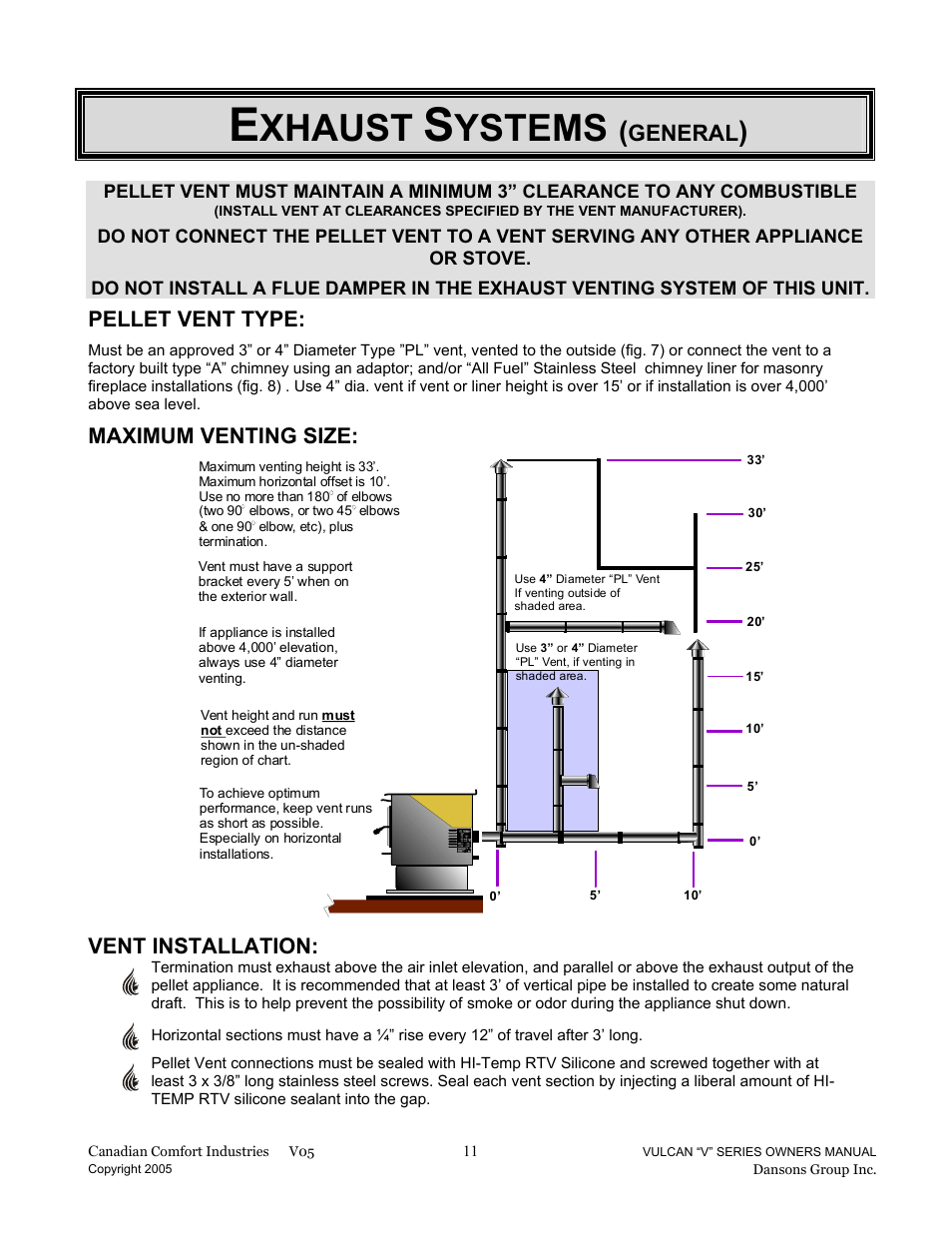 Xhaust, Ystems, General | Pellet vent type, Maximum venting size, Vent installation | Dansons Group V-50 User Manual | Page 11 / 40