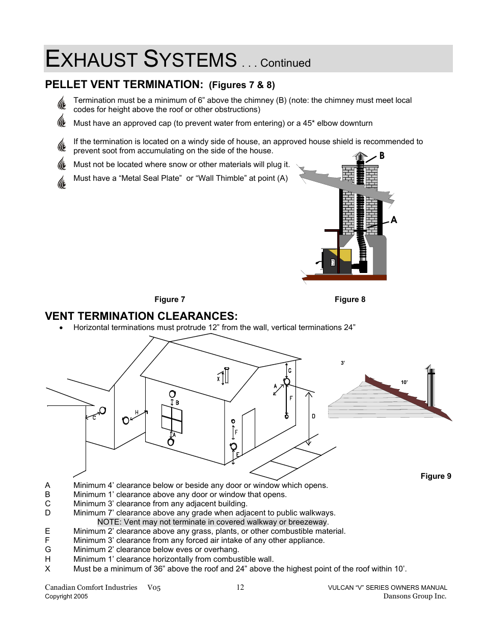 Xhaust, Ystems, Continued | Pellet vent termination, Vent termination clearances | Dansons Group V-50 User Manual | Page 12 / 40