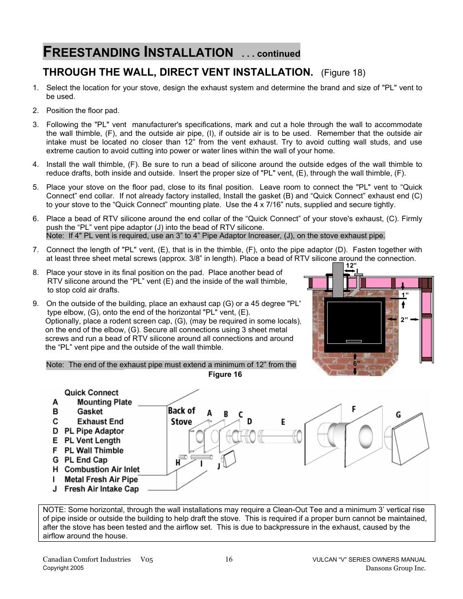 Reestanding, Nstallation, Through the wall, direct vent installation | Dansons Group V-50 User Manual | Page 16 / 40