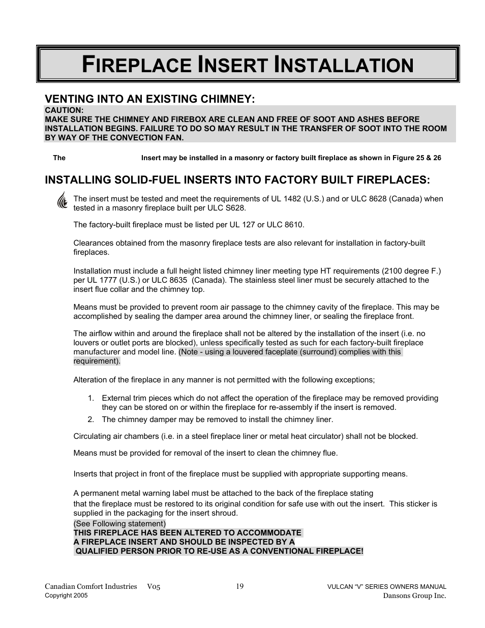 Ireplace, Nsert, Nstallation | Dansons Group V-50 User Manual | Page 19 / 40