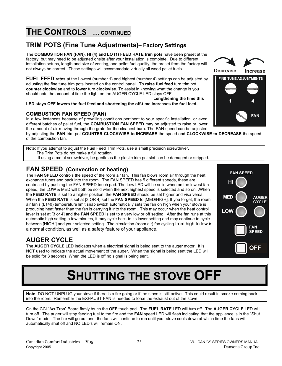 Hutting the stove, Ontrols, Trim pots (fine tune adjustments) | Fan speed, Auger cycle | Dansons Group V-50 User Manual | Page 25 / 40