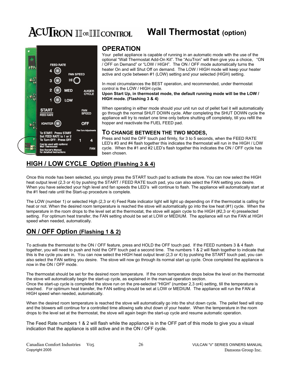 Wall thermostat, Option), Operation | High / low cycle option, On / off option | Dansons Group V-50 User Manual | Page 26 / 40