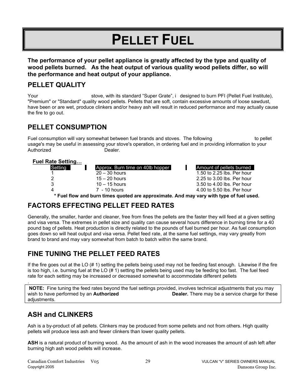 Ellet, Pellet quality, Pellet consumption | Factors effecting pellet feed rates, Fine tuning the pellet feed rates, Ash and clinkers | Dansons Group V-50 User Manual | Page 29 / 40