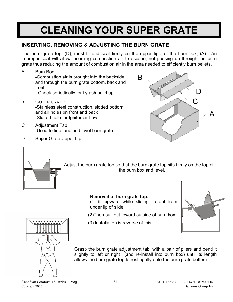 Cleaning your super grate, Bc d a, Inserting, removing & adjusting the burn grate | Dansons Group V-50 User Manual | Page 31 / 40