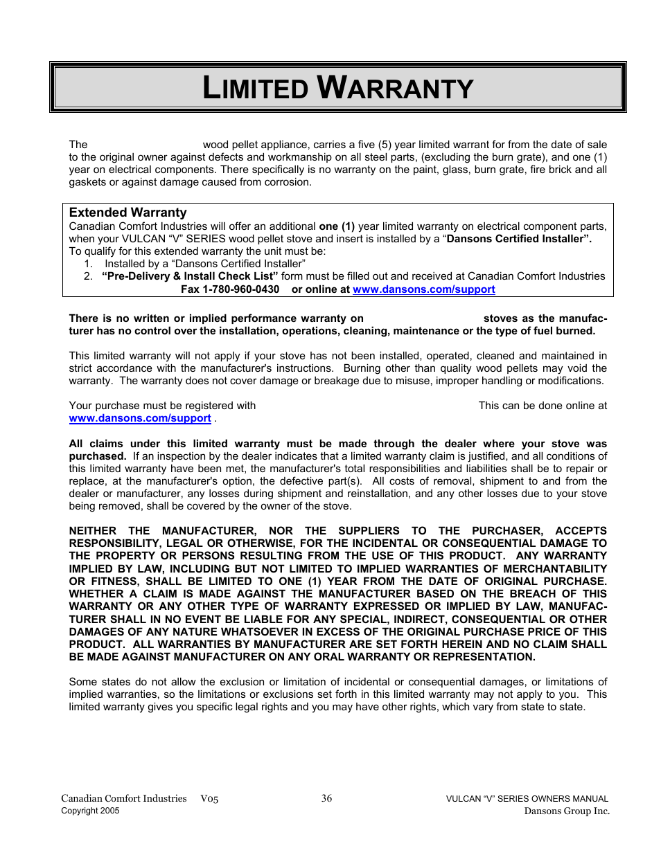 Imited, Arranty | Dansons Group V-50 User Manual | Page 36 / 40