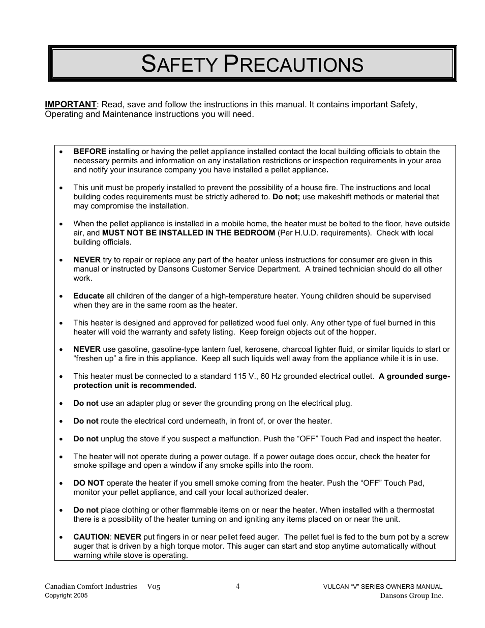 Afety, Recautions | Dansons Group V-50 User Manual | Page 4 / 40