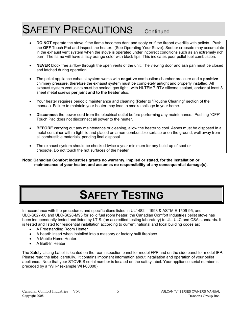 Afety, Recautions, Esting | Dansons Group V-50 User Manual | Page 5 / 40