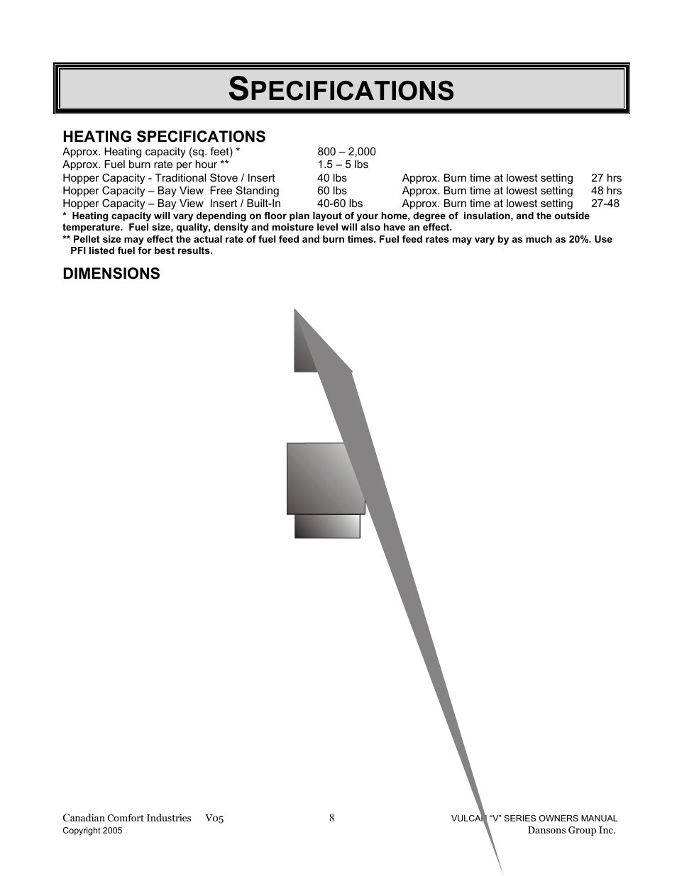 Pecifications, Heating specifications, Dimensions | Dansons Group V-50 User Manual | Page 8 / 40