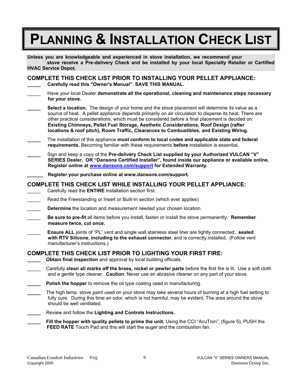 Lanning, Nstallation, Heck | Dansons Group V-50 User Manual | Page 9 / 40