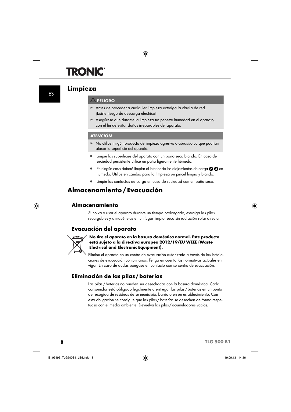 Limpieza, Almacenamiento / evacuación, Almacenamiento | Evacuación del aparato, Eliminación de las pilas / baterías | Silvercrest TLG 500 B1 User Manual | Page 11 / 63