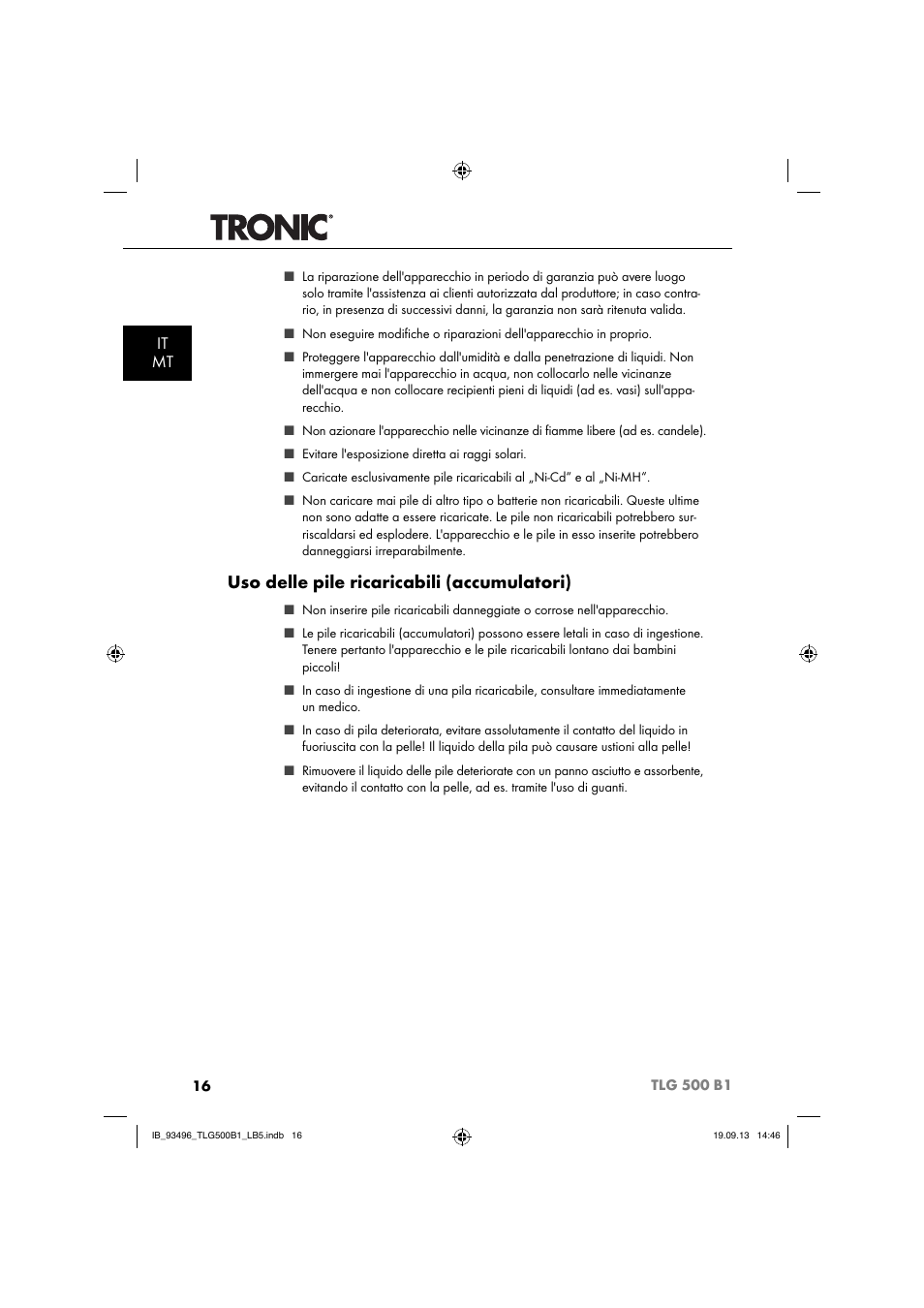 Uso delle pile ricaricabili (accumulatori), It mt | Silvercrest TLG 500 B1 User Manual | Page 19 / 63