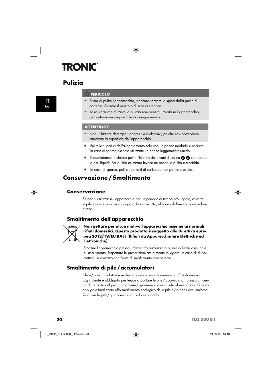 Pulizia, Conservazione / smaltimento, Conservazione | Smaltimento dell'apparecchio, Smaltimento di pile / accumulatori, It mt | Silvercrest TLG 500 B1 User Manual | Page 23 / 63