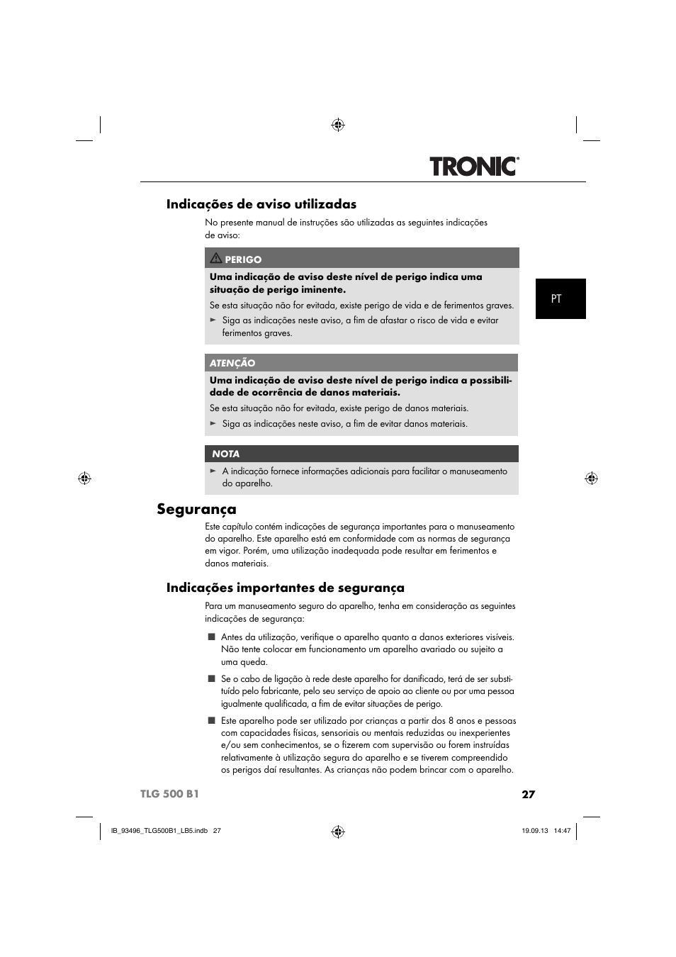 Segurança, Indicações de aviso utilizadas, Indicações importantes de segurança | Silvercrest TLG 500 B1 User Manual | Page 30 / 63