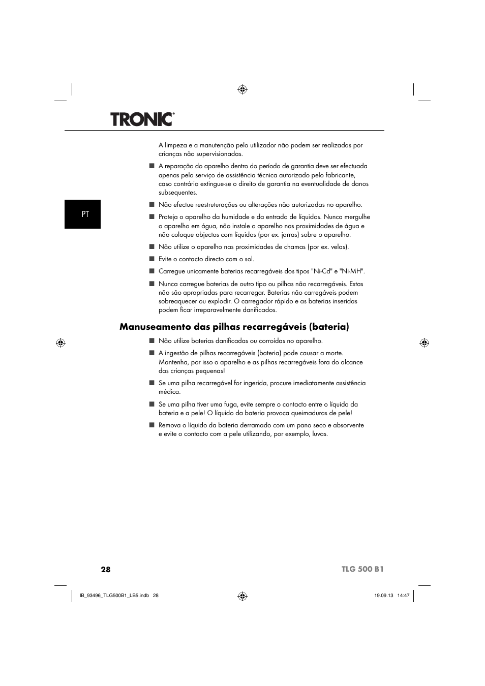 Manuseamento das pilhas recarregáveis (bateria) | Silvercrest TLG 500 B1 User Manual | Page 31 / 63