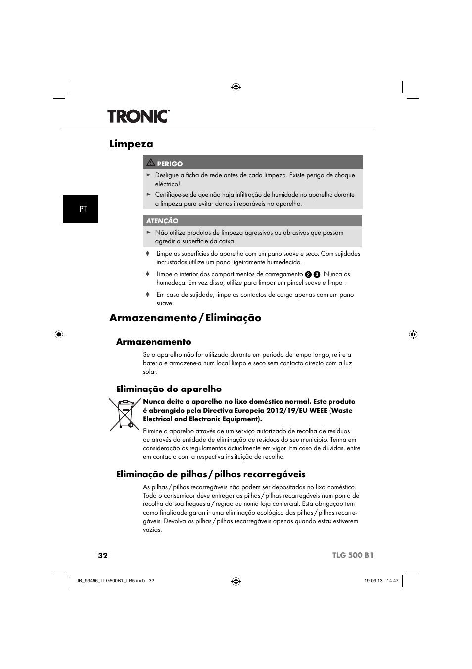 Limpeza, Armazenamento / eliminação, Armazenamento | Eliminação do aparelho, Eliminação de pilhas / pilhas recarregáveis | Silvercrest TLG 500 B1 User Manual | Page 35 / 63