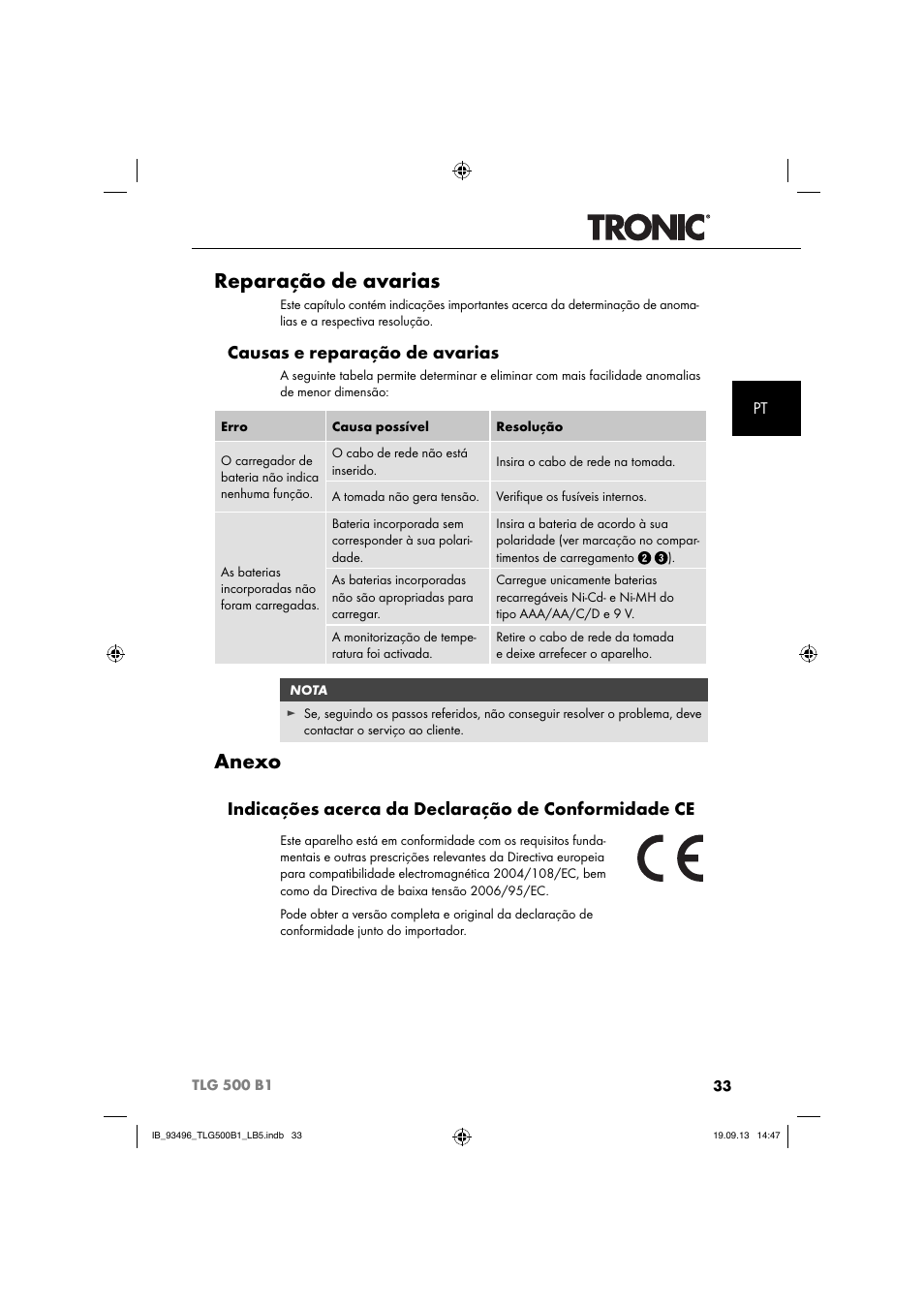 Reparação de avarias, Anexo, Causas e reparação de avarias | Indicações acerca da declaração de conformidade ce | Silvercrest TLG 500 B1 User Manual | Page 36 / 63