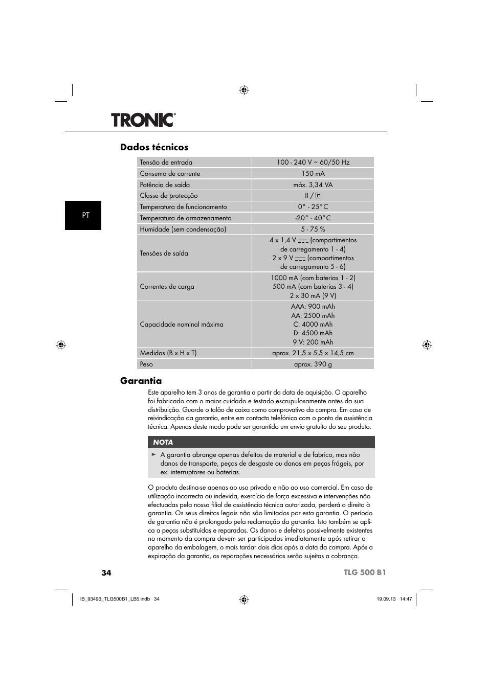 Dados técnicos, Garantia | Silvercrest TLG 500 B1 User Manual | Page 37 / 63