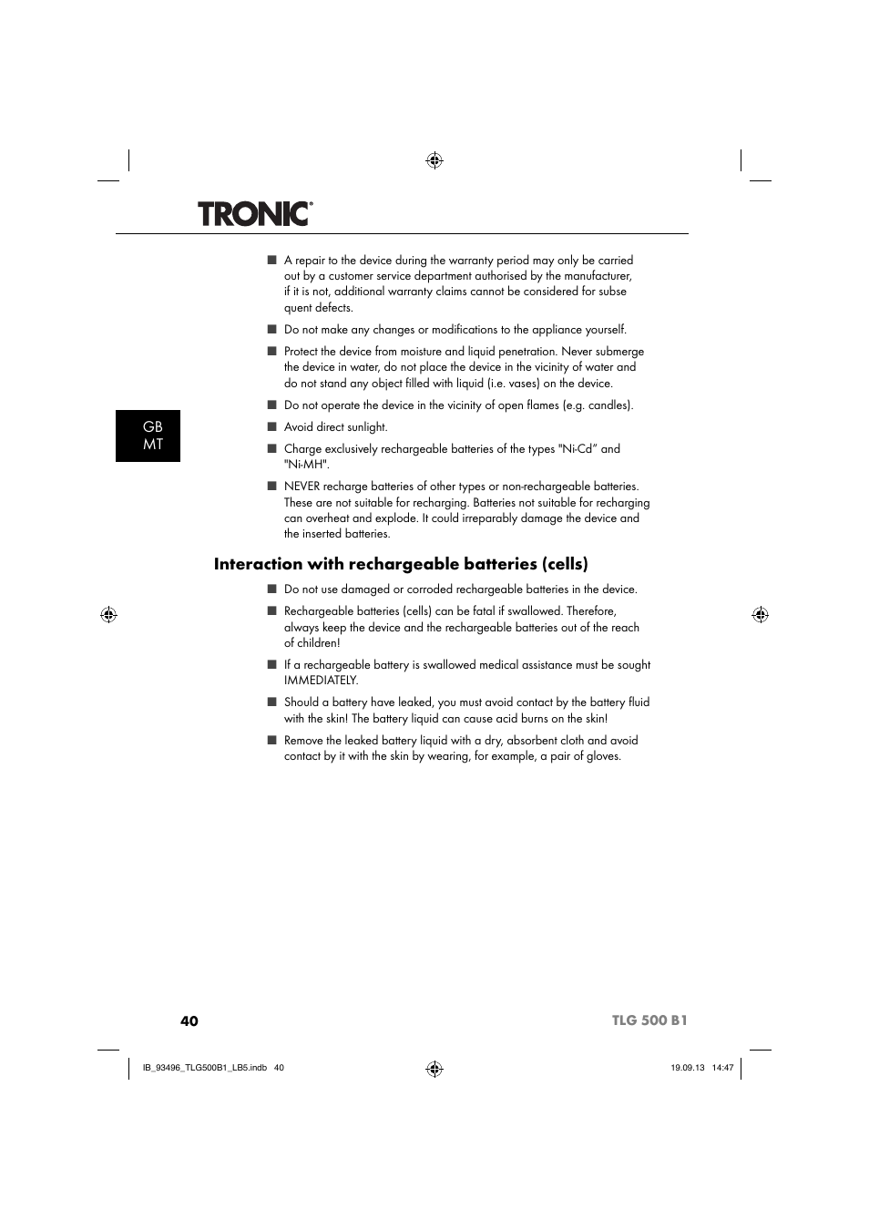 Interaction with rechargeable batteries (cells), Gb mt | Silvercrest TLG 500 B1 User Manual | Page 43 / 63