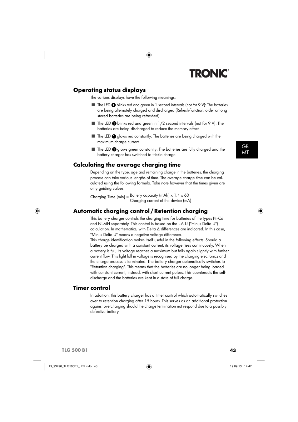 Operating status displays, Calculating the average charging time, Automatic charging control / retention charging | Timer control, Gb mt | Silvercrest TLG 500 B1 User Manual | Page 46 / 63