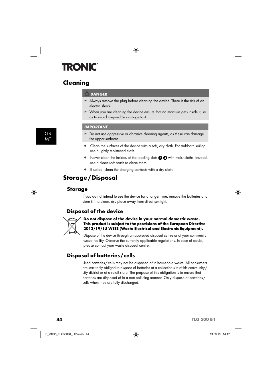 Cleaning, Storage, Disposal | Disposal of the device, Disposal of batteries / cells, Gb mt | Silvercrest TLG 500 B1 User Manual | Page 47 / 63