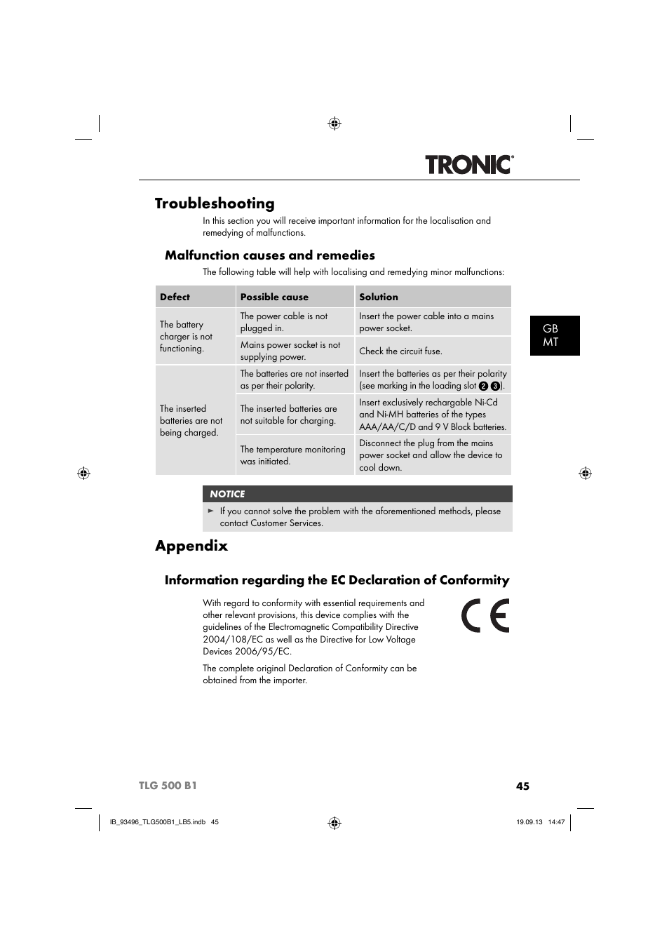 Troubleshooting, Appendix, Malfunction causes and remedies | Gb mt | Silvercrest TLG 500 B1 User Manual | Page 48 / 63