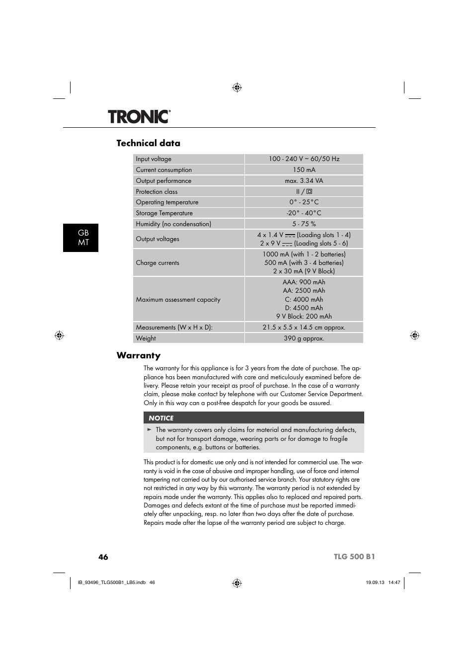 Technical data, Warranty, Gb mt | Silvercrest TLG 500 B1 User Manual | Page 49 / 63