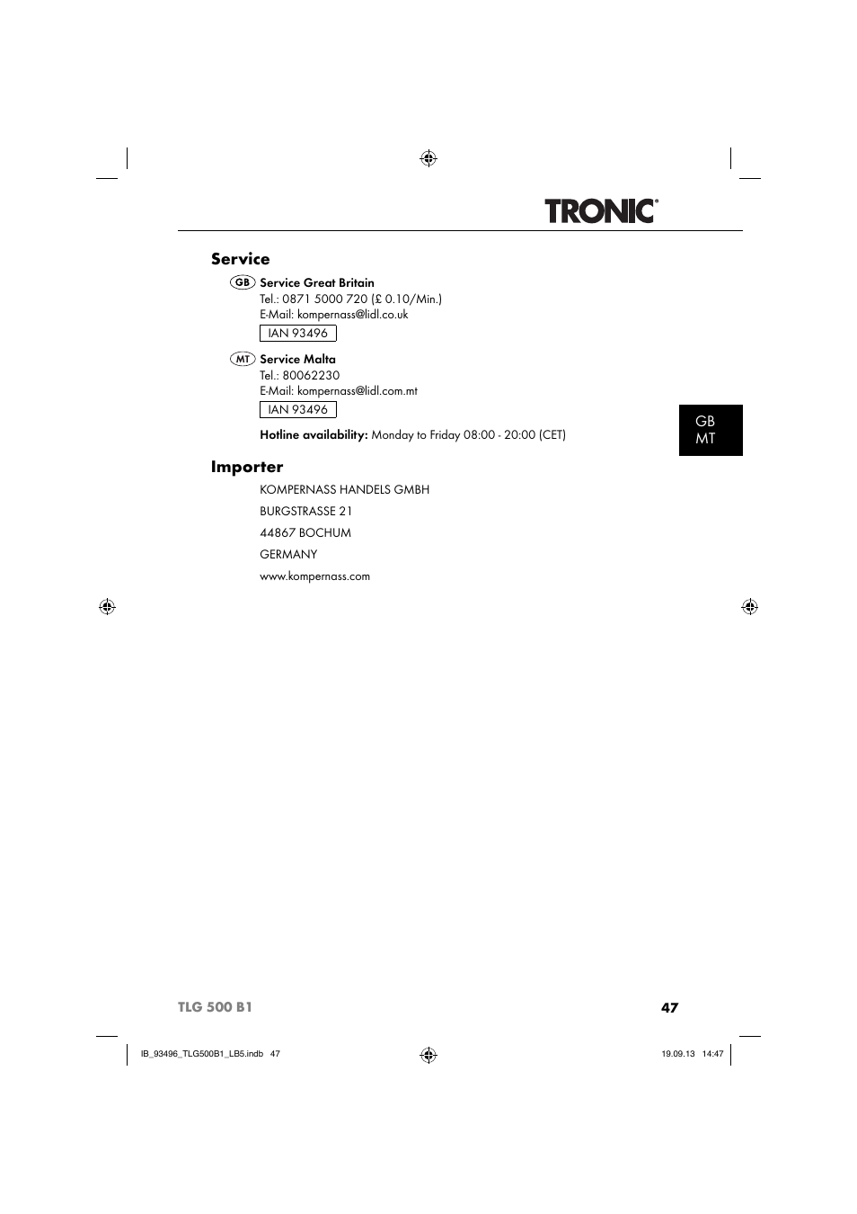 Service, Importer, Gb mt | Silvercrest TLG 500 B1 User Manual | Page 50 / 63