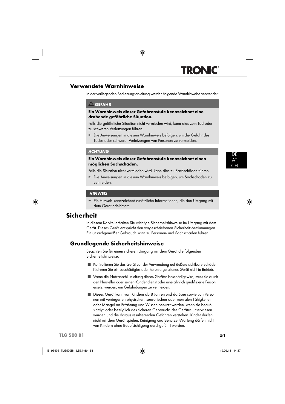 Sicherheit, Verwendete warnhinweise, Grundlegende sicherheitshinweise | De at ch | Silvercrest TLG 500 B1 User Manual | Page 54 / 63