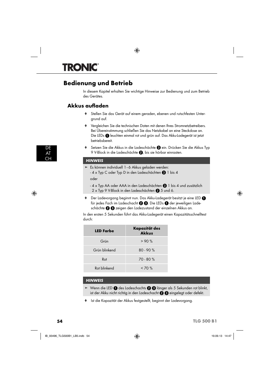 Bedienung und betrieb, Akkus auﬂ aden, De at ch | Silvercrest TLG 500 B1 User Manual | Page 57 / 63