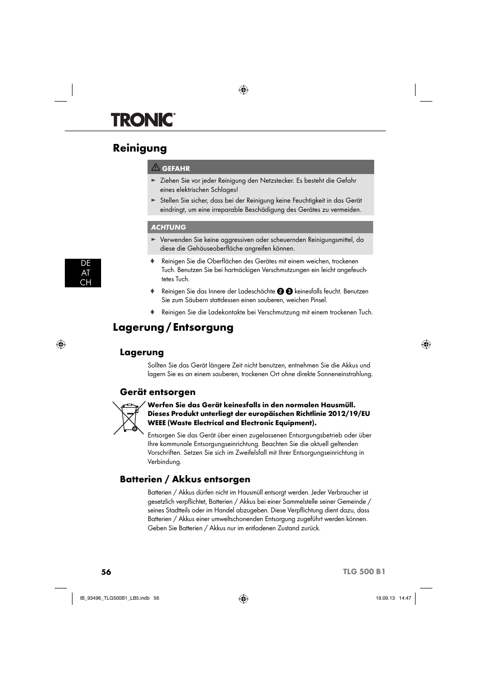 Reinigung, Lagerung / entsorgung, Lagerung | Gerät entsorgen, Batterien / akkus entsorgen, De at ch | Silvercrest TLG 500 B1 User Manual | Page 59 / 63