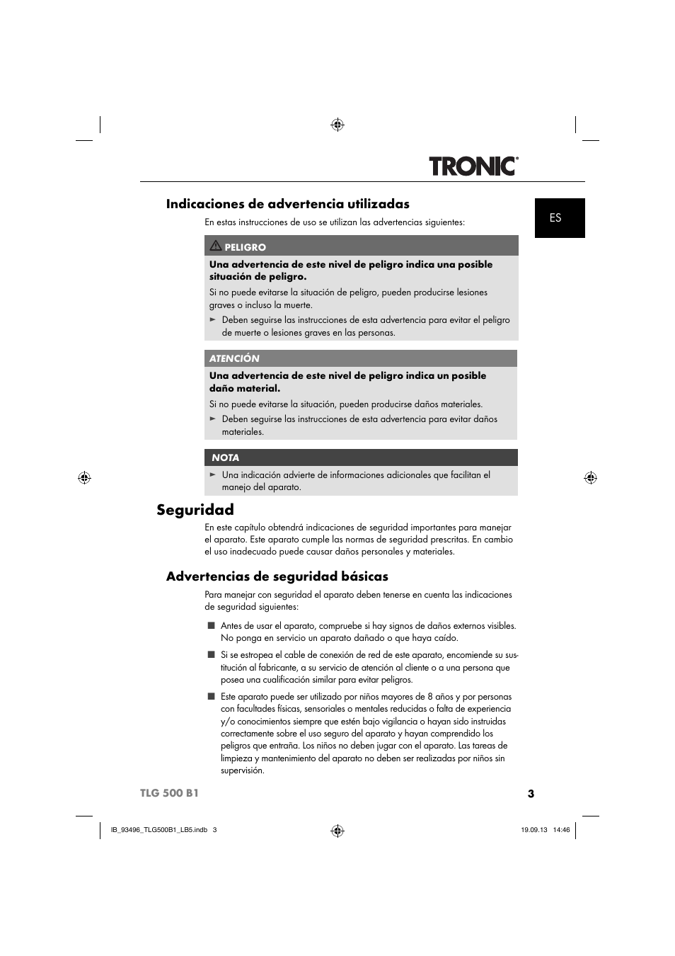 Seguridad, Indicaciones de advertencia utilizadas, Advertencias de seguridad básicas | Silvercrest TLG 500 B1 User Manual | Page 6 / 63