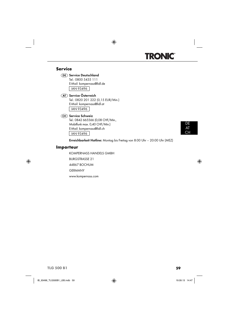 Service, Importeur, De at ch | Silvercrest TLG 500 B1 User Manual | Page 62 / 63