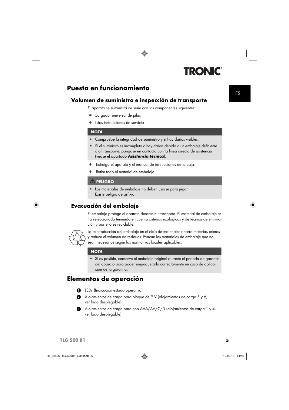 Puesta en funcionamiento, Elementos de operación, Volumen de suministro e inspección de transporte | Evacuación del embalaje | Silvercrest TLG 500 B1 User Manual | Page 8 / 63