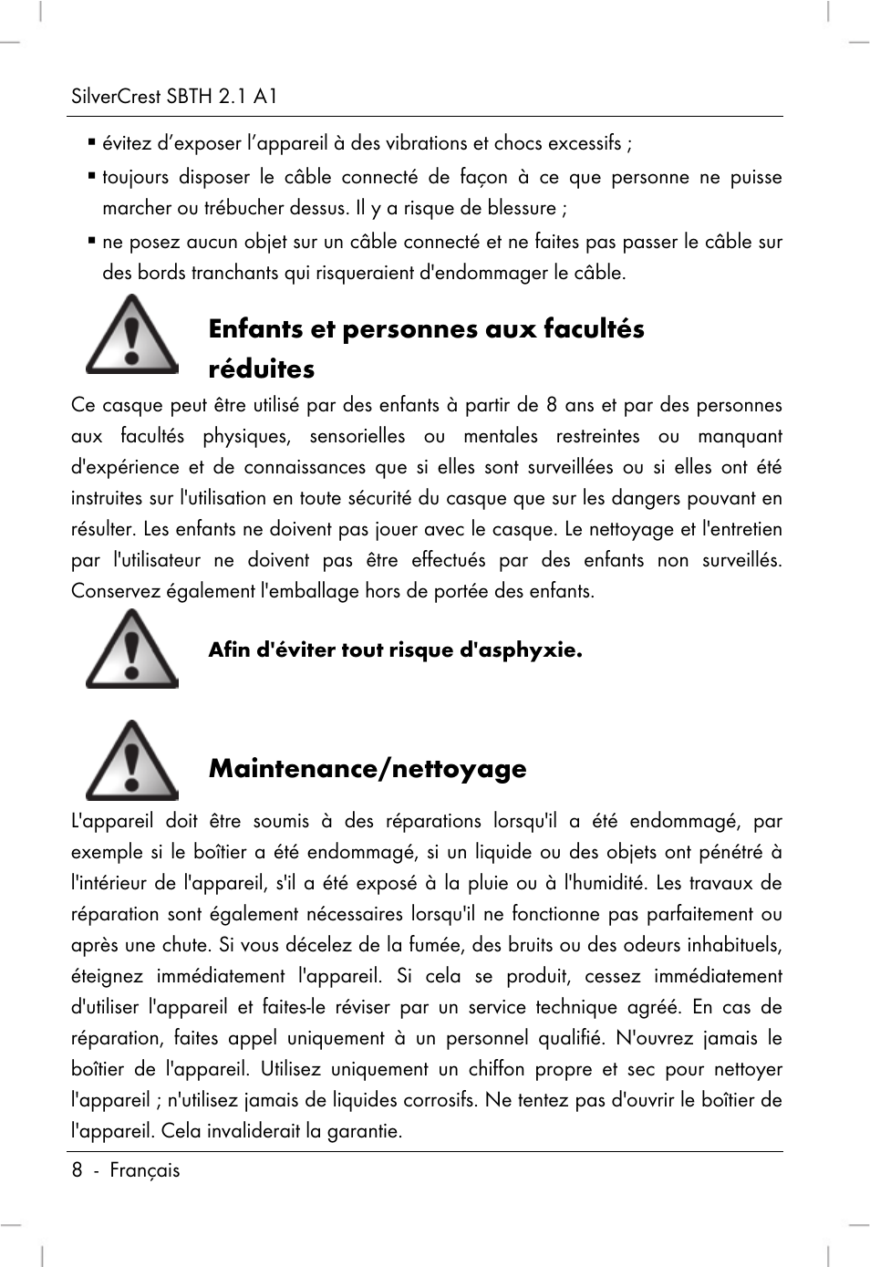 Enfants et personnes aux facultés réduites, Maintenance/nettoyage | Silvercrest SBTH 2.1 A1 User Manual | Page 10 / 64