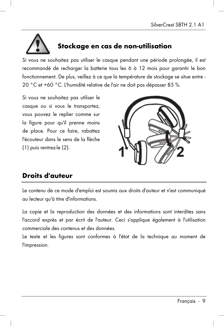 Stockage en cas de non-utilisation, Droits d'auteur | Silvercrest SBTH 2.1 A1 User Manual | Page 11 / 64