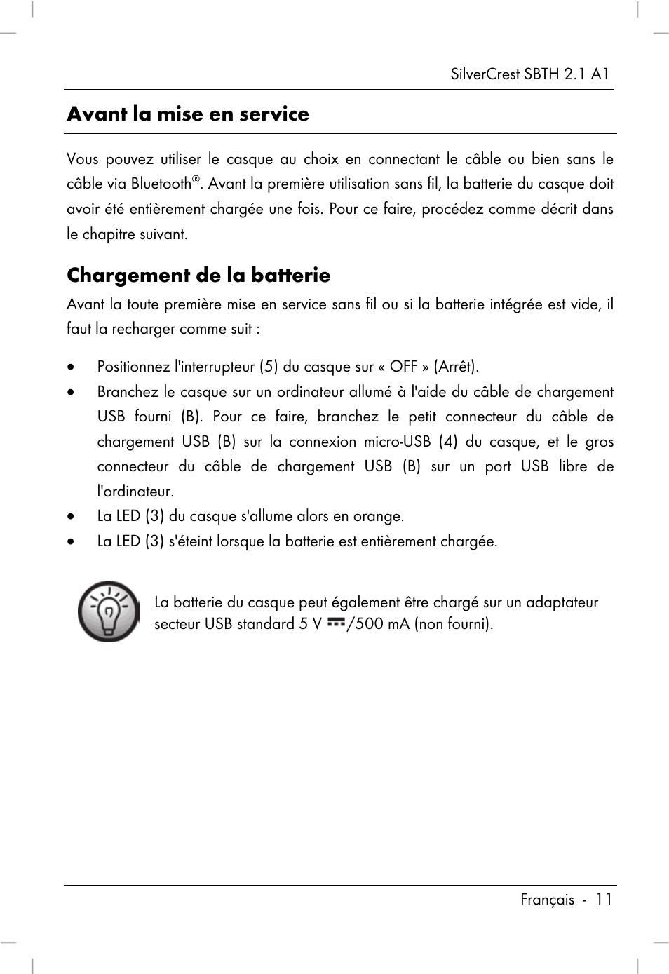 Avant la mise en service, Chargement de la batterie | Silvercrest SBTH 2.1 A1 User Manual | Page 13 / 64