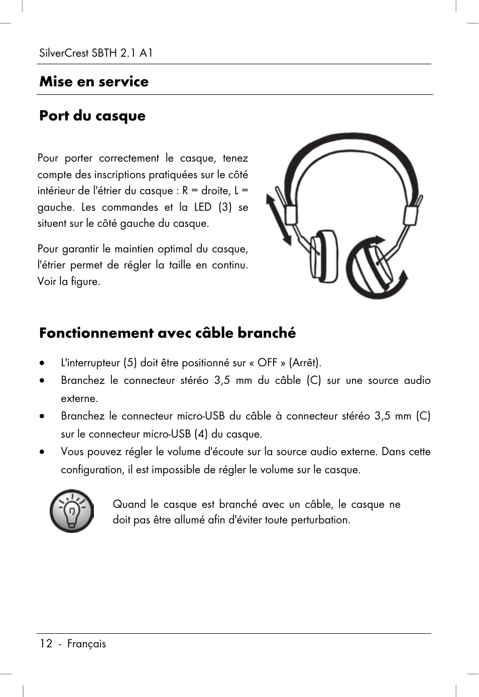 Mise en service port du casque, Fonctionnement avec câble branché | Silvercrest SBTH 2.1 A1 User Manual | Page 14 / 64
