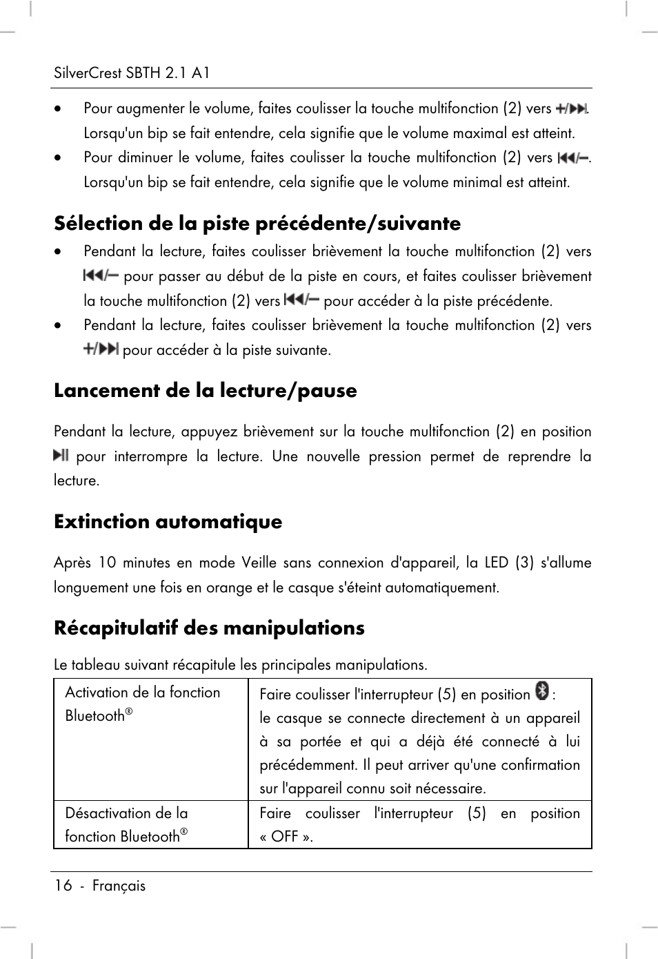 Sélection de la piste précédente/suivante, Lancement de la lecture/pause, Extinction automatique | Récapitulatif des manipulations | Silvercrest SBTH 2.1 A1 User Manual | Page 18 / 64