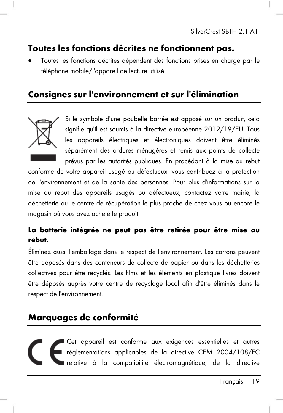 Toutes les fonctions décrites ne fonctionnent pas, Consignes sur l'environnement et sur l'élimination, Marquages de conformité | Silvercrest SBTH 2.1 A1 User Manual | Page 21 / 64