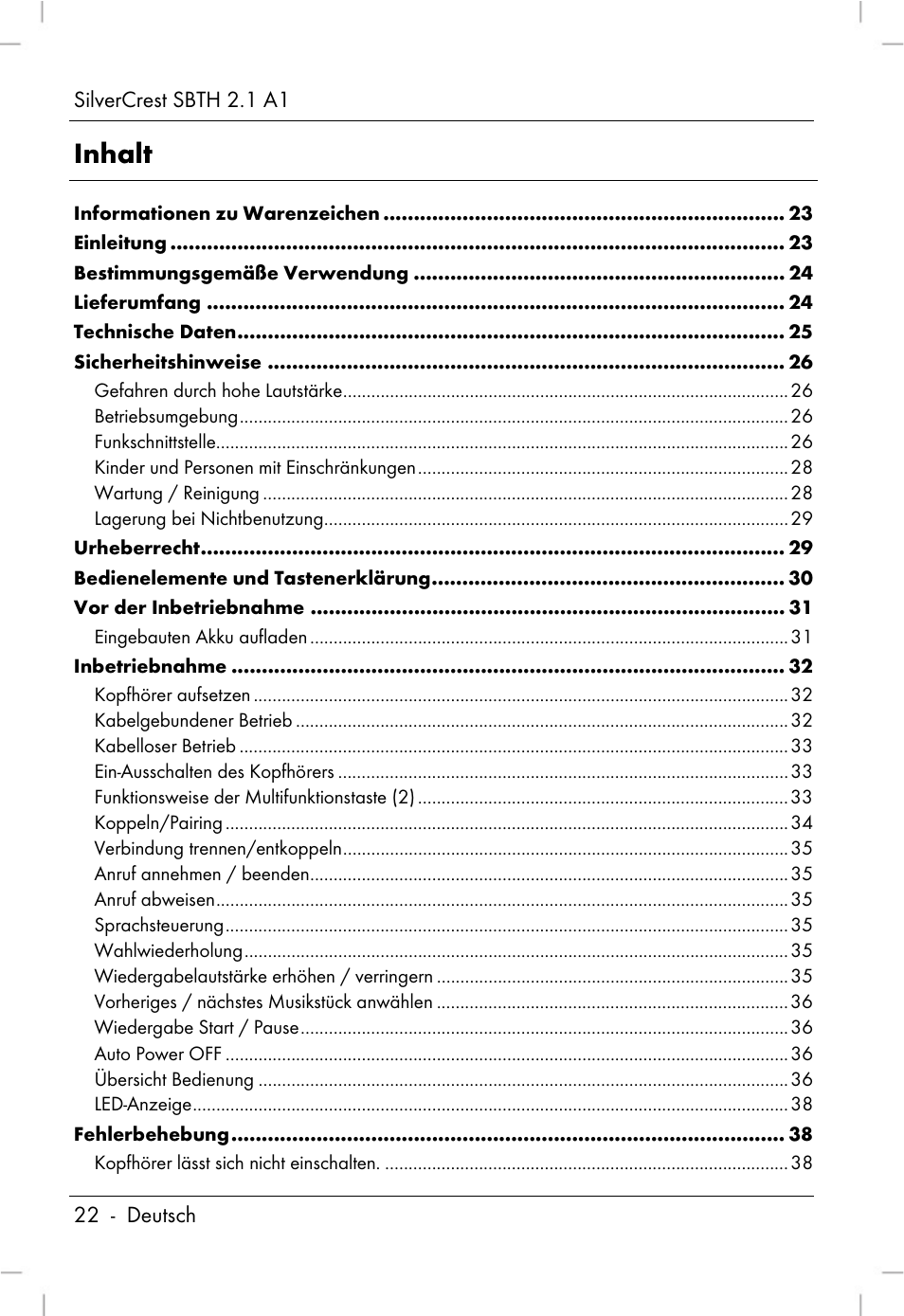 Inhalt | Silvercrest SBTH 2.1 A1 User Manual | Page 24 / 64