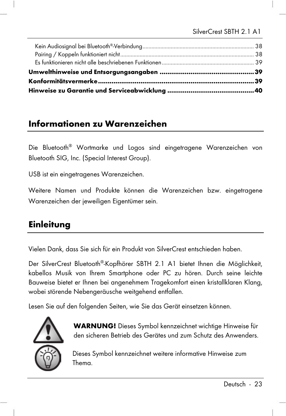 Informationen zu warenzeichen, Einleitung | Silvercrest SBTH 2.1 A1 User Manual | Page 25 / 64