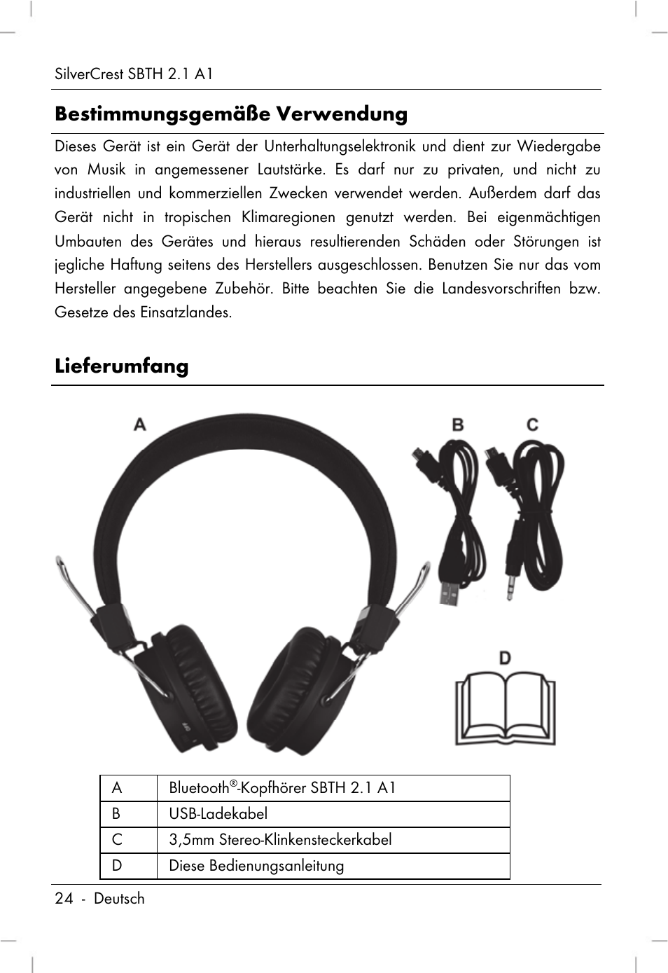 Bestimmungsgemäße verwendung, Lieferumfang | Silvercrest SBTH 2.1 A1 User Manual | Page 26 / 64