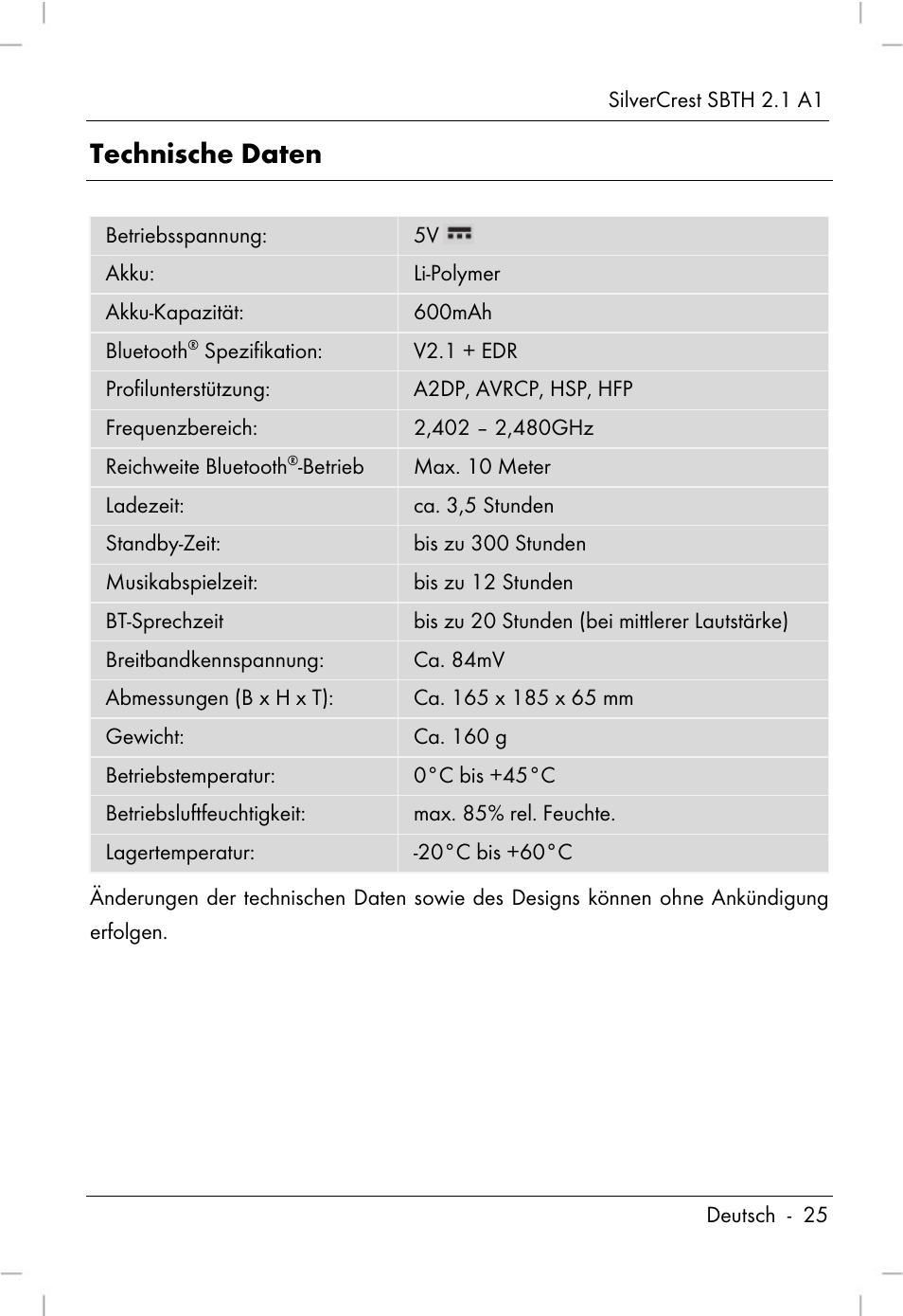 Technische daten | Silvercrest SBTH 2.1 A1 User Manual | Page 27 / 64