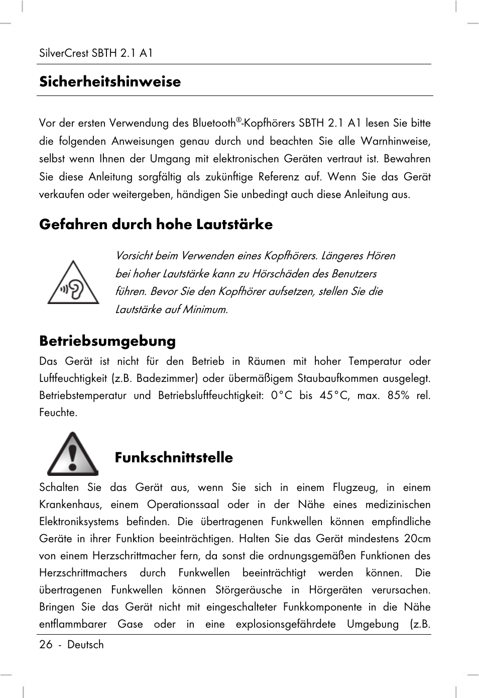 Sicherheitshinweise, Gefahren durch hohe lautstärke, Betriebsumgebung | Funkschnittstelle | Silvercrest SBTH 2.1 A1 User Manual | Page 28 / 64