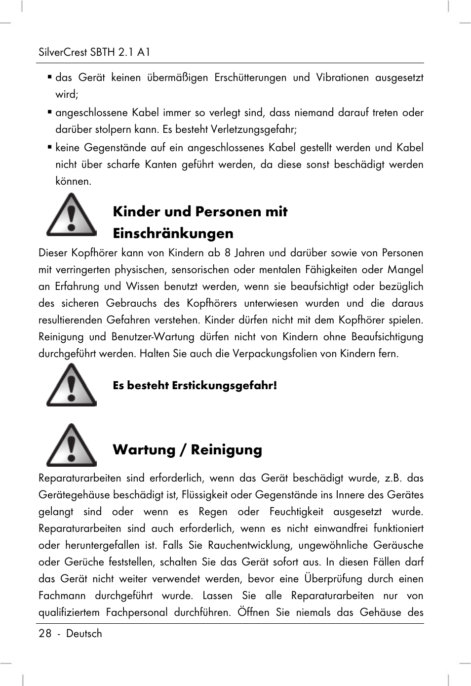 Kinder und personen mit einschränkungen, Wartung / reinigung | Silvercrest SBTH 2.1 A1 User Manual | Page 30 / 64