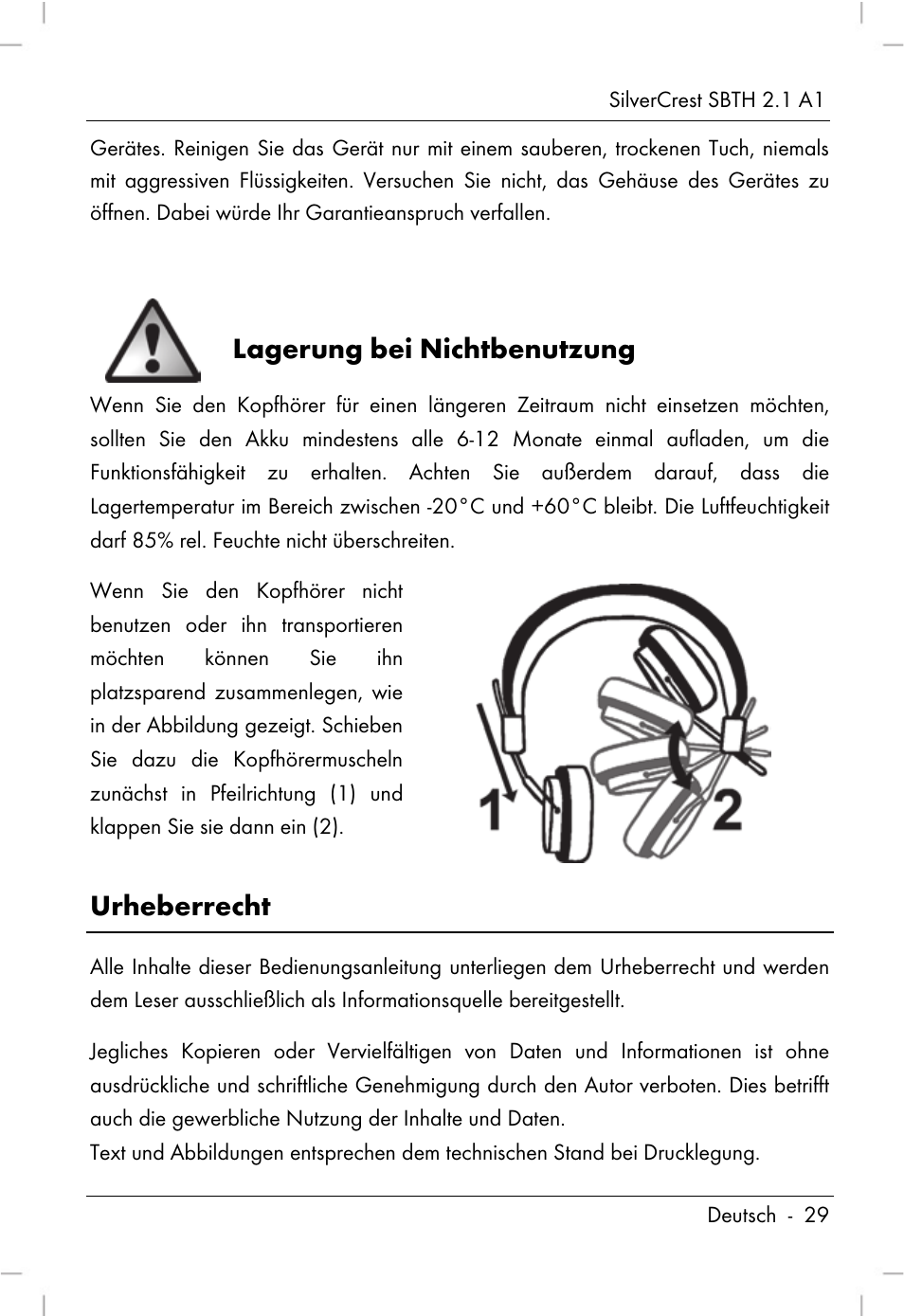 Lagerung bei nichtbenutzung, Urheberrecht | Silvercrest SBTH 2.1 A1 User Manual | Page 31 / 64