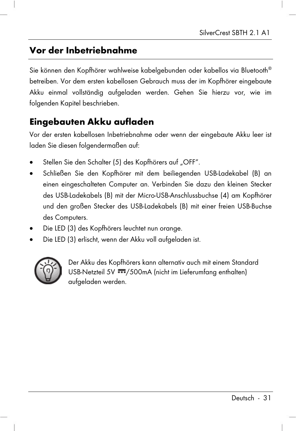 Vor der inbetriebnahme, Eingebauten akku aufladen | Silvercrest SBTH 2.1 A1 User Manual | Page 33 / 64