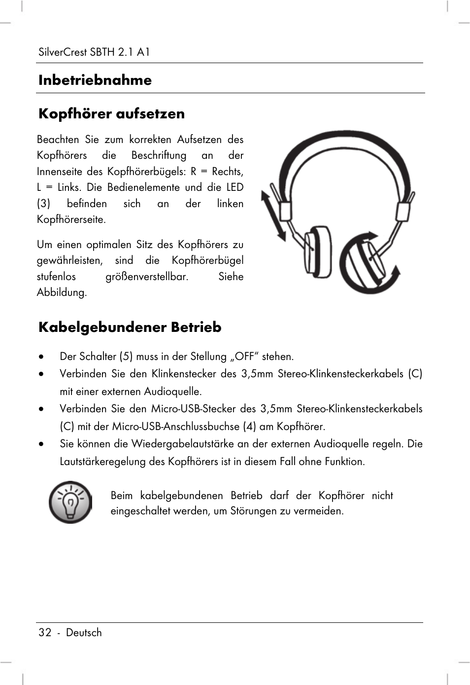 Inbetriebnahme kopfhörer aufsetzen, Kabelgebundener betrieb | Silvercrest SBTH 2.1 A1 User Manual | Page 34 / 64