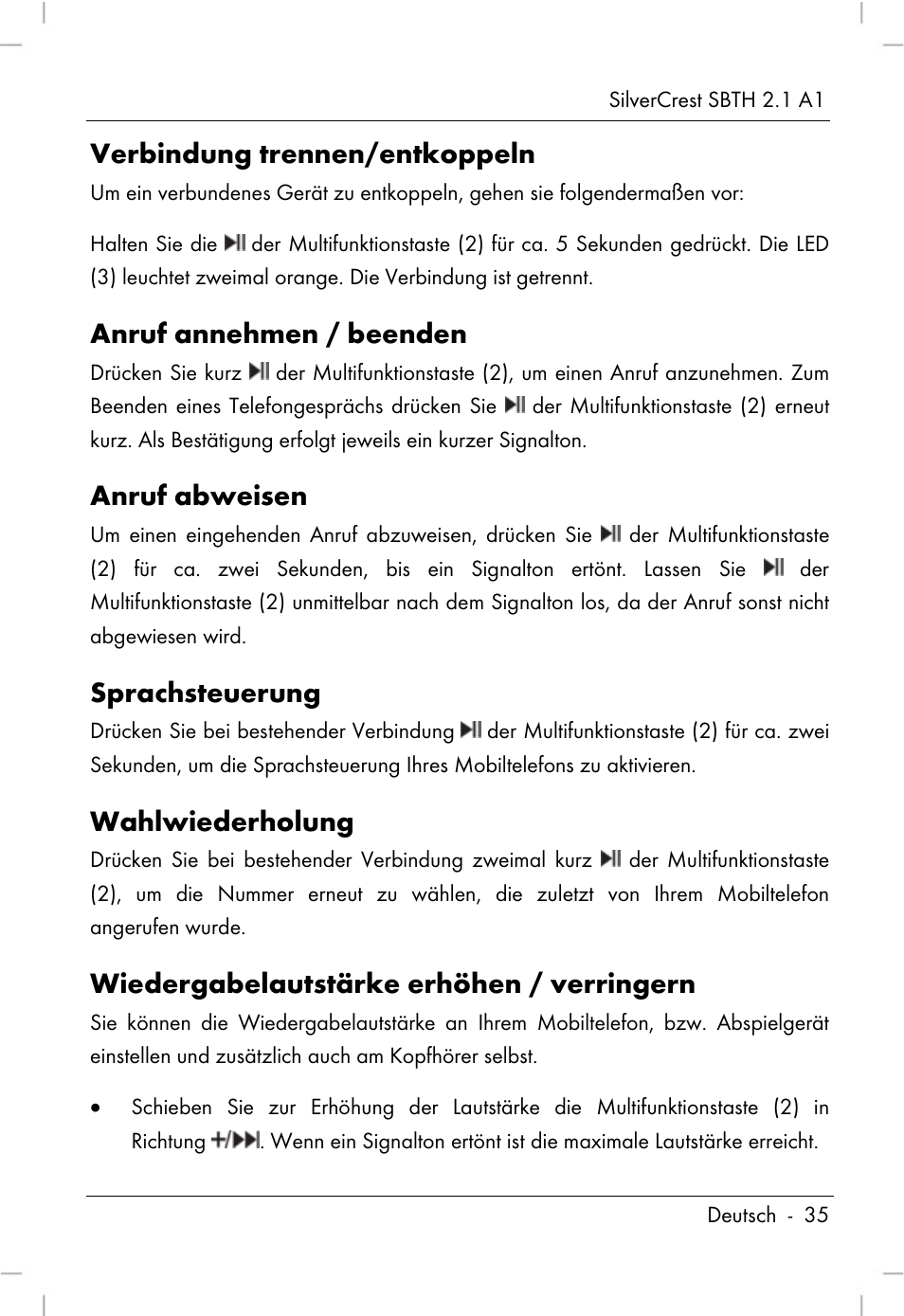 Verbindung trennen/entkoppeln, Anruf annehmen / beenden, Anruf abweisen | Sprachsteuerung, Wahlwiederholung, Wiedergabelautstärke erhöhen / verringern | Silvercrest SBTH 2.1 A1 User Manual | Page 37 / 64