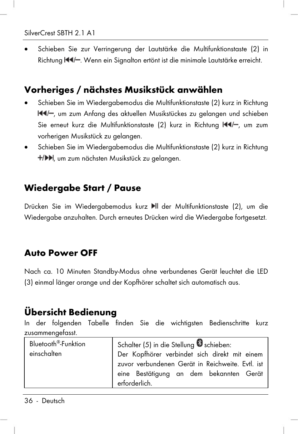 Vorheriges / nächstes musikstück anwählen, Wiedergabe start / pause, Auto power off | Übersicht bedienung | Silvercrest SBTH 2.1 A1 User Manual | Page 38 / 64